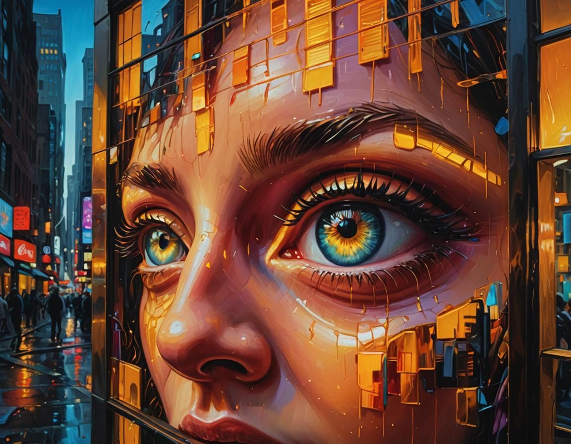 Surreal Neon Reflections in Eyes: Urban Close-Up