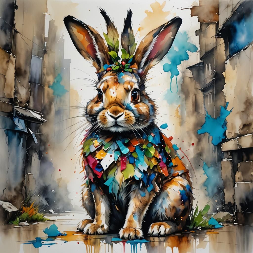Anthropomorphic Rabbit in Edinburgh, Alcohol Ink Style