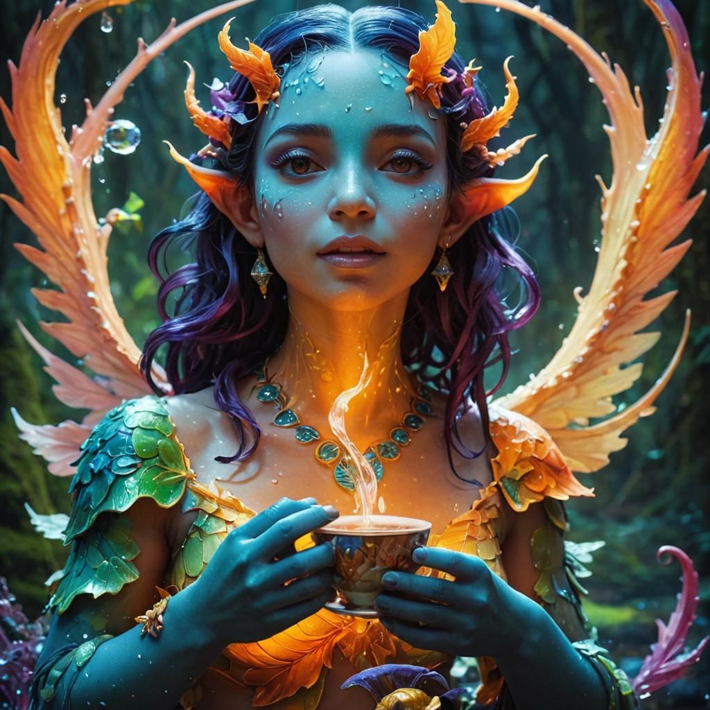 Surreal Water Nymph Enjoys Enchanted Tea in a Dreamlike Fore...