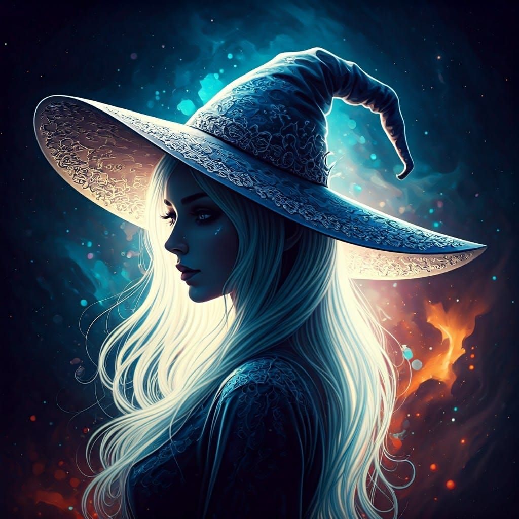 Mystical White Witch Silhouette in Galactic Dreamscape