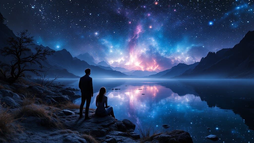 Nebula Reflection on Lake with Stargazing Couple