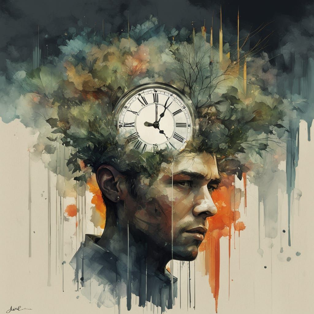 Timeless Masterpiece with Clock Face and Verdant Hair