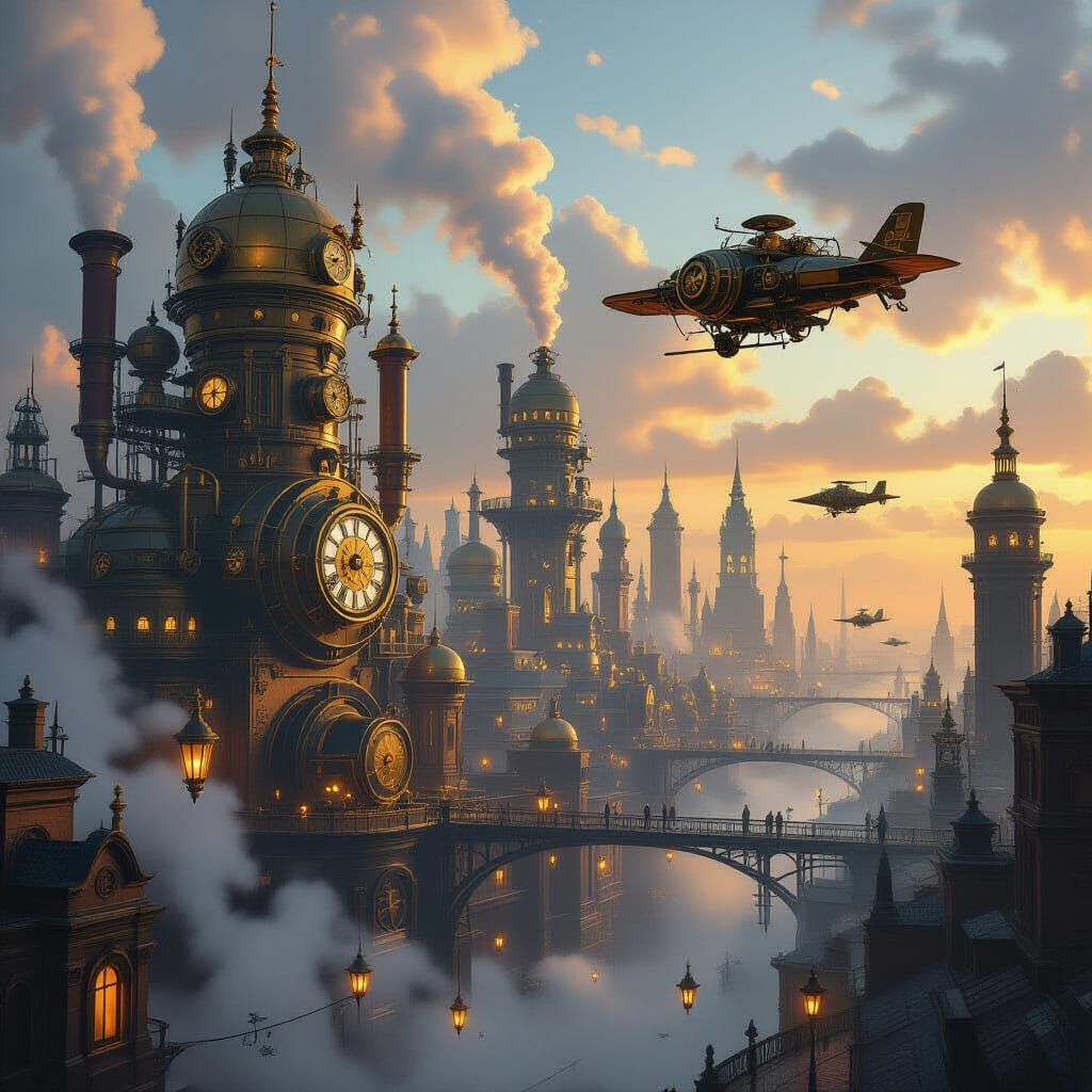 Steampunk Cityscape with Flying Machines