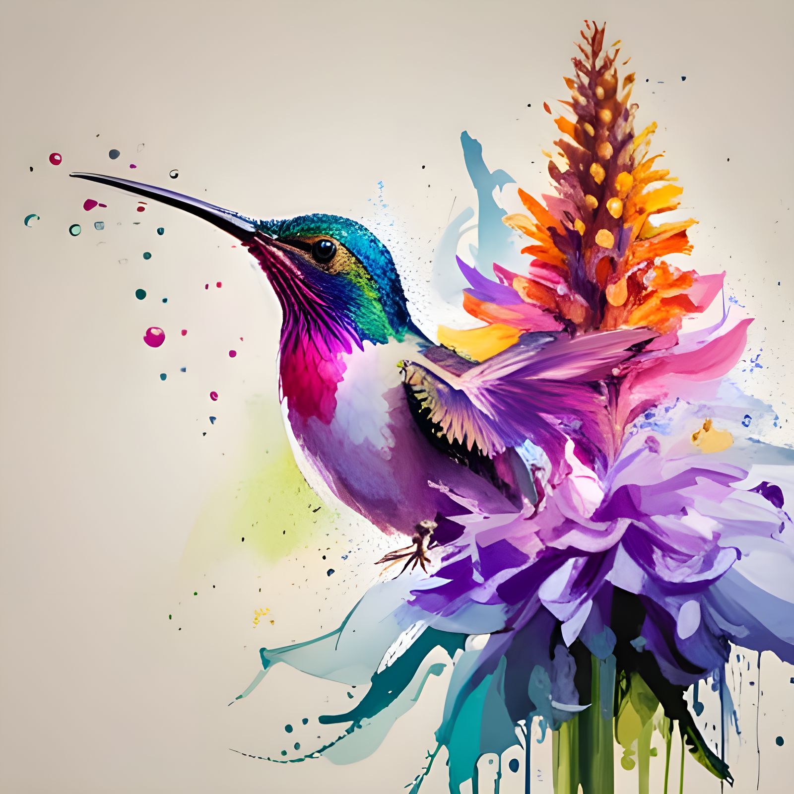 Hummingbird and Purple Flower, Carne Griffiths Style