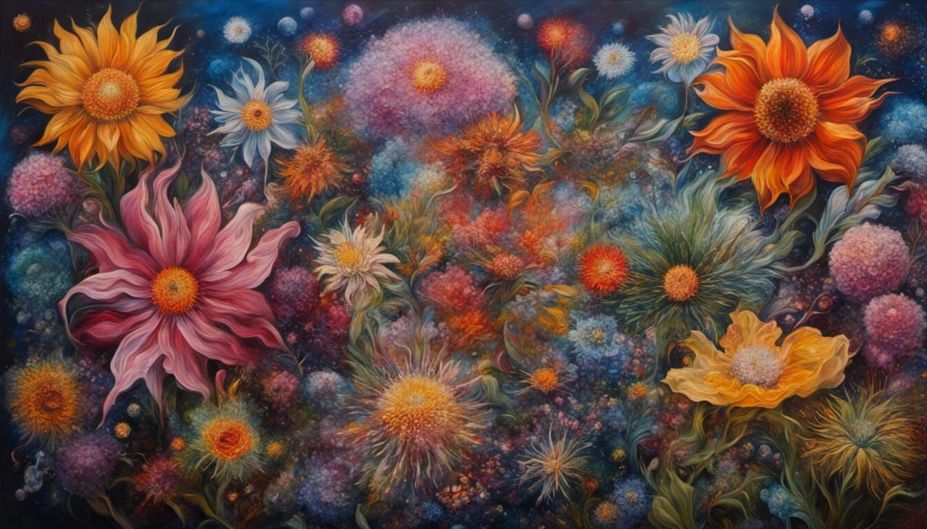 Colorful Cosmic Flowers Oil Painting on Glass
