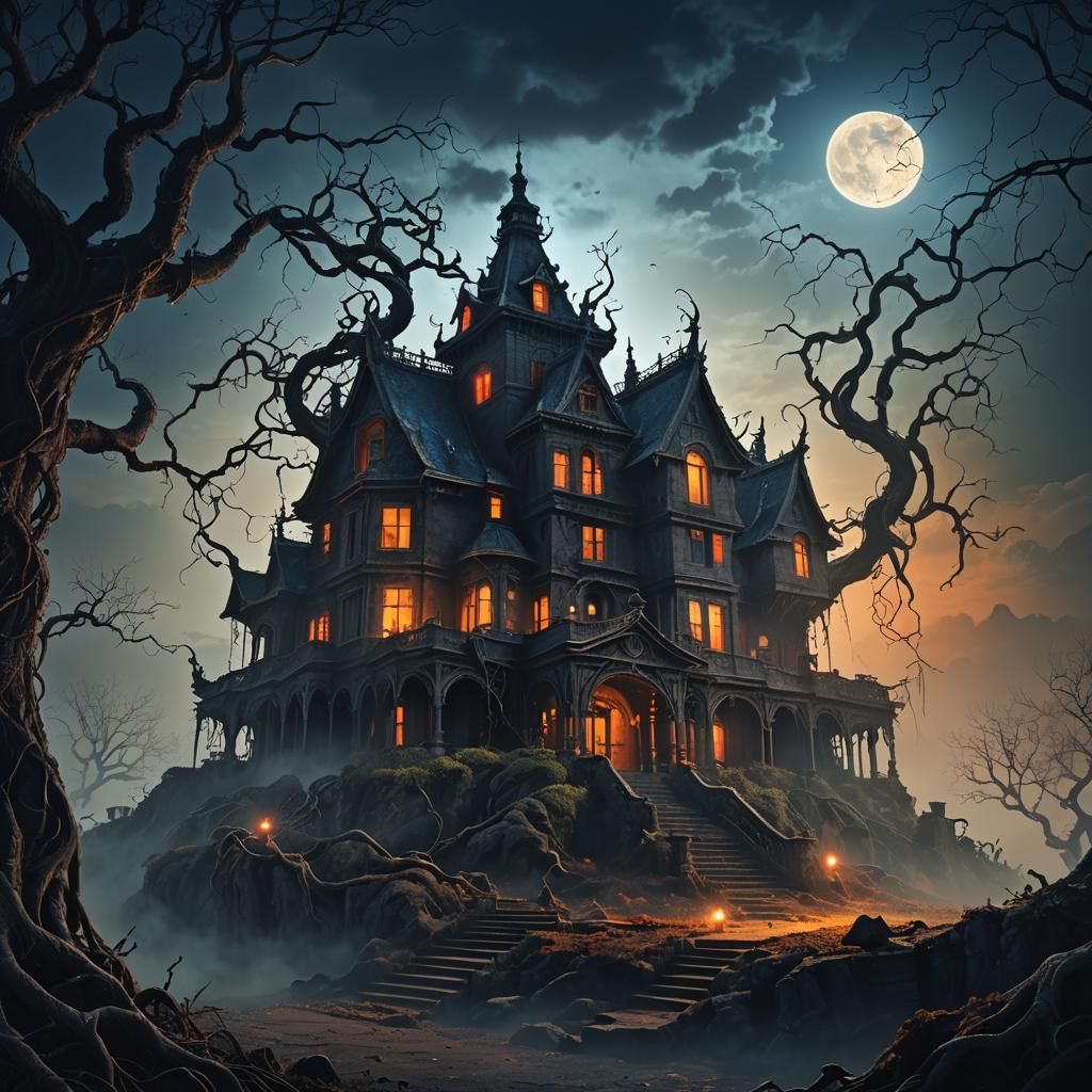 Creepy Demon Mansion in Dark Fantasy Matte Painting