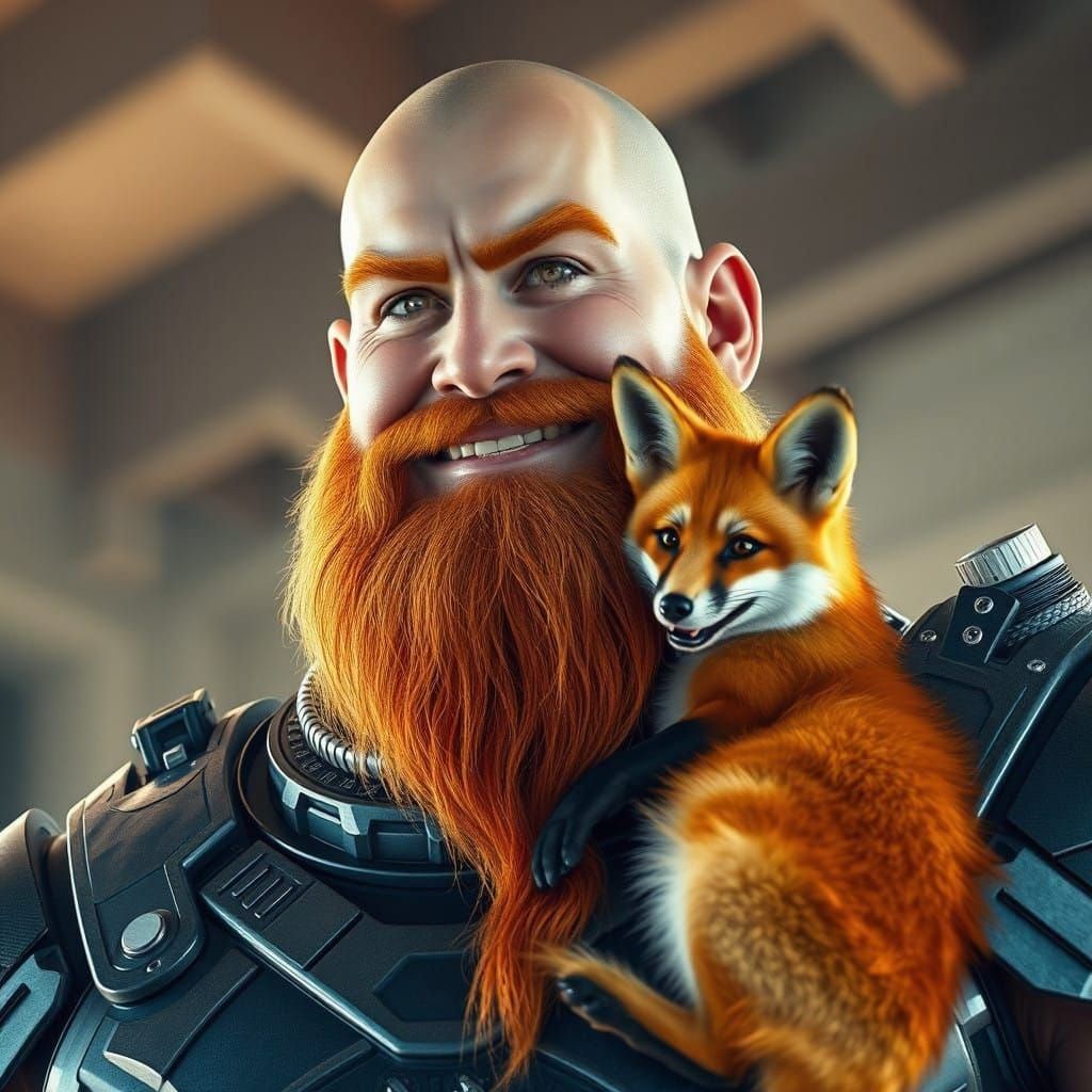 Warrior Giant in Futuristic Armor with Friendly Fox Companio...