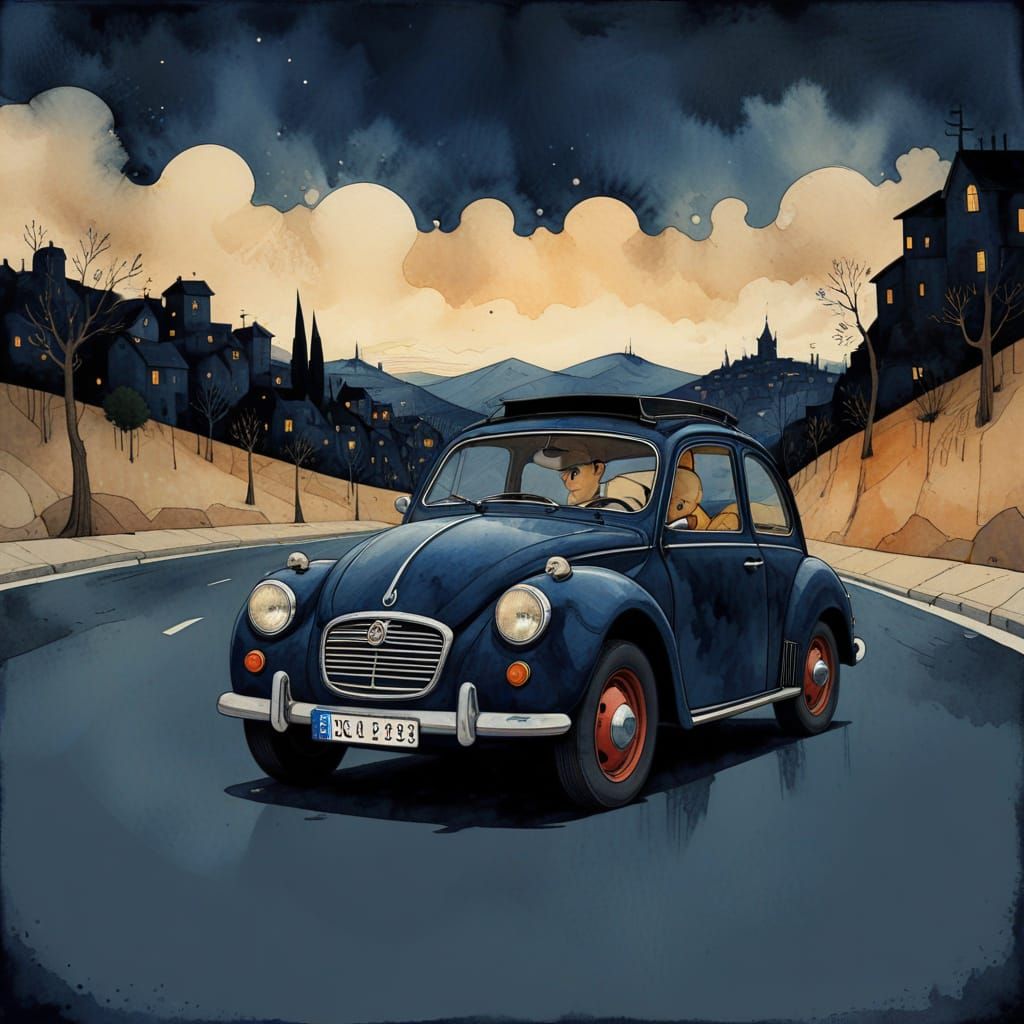 Whimsical Nighttime Cityscape in Watercolor and Ink Style