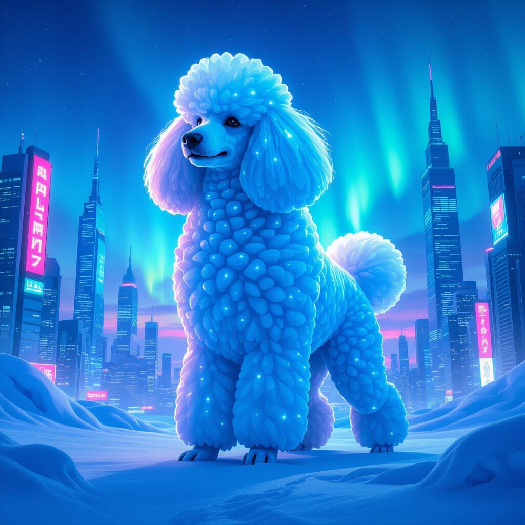 Giant Ice Poodle Guards Futuristic Cityscape Under Aurora