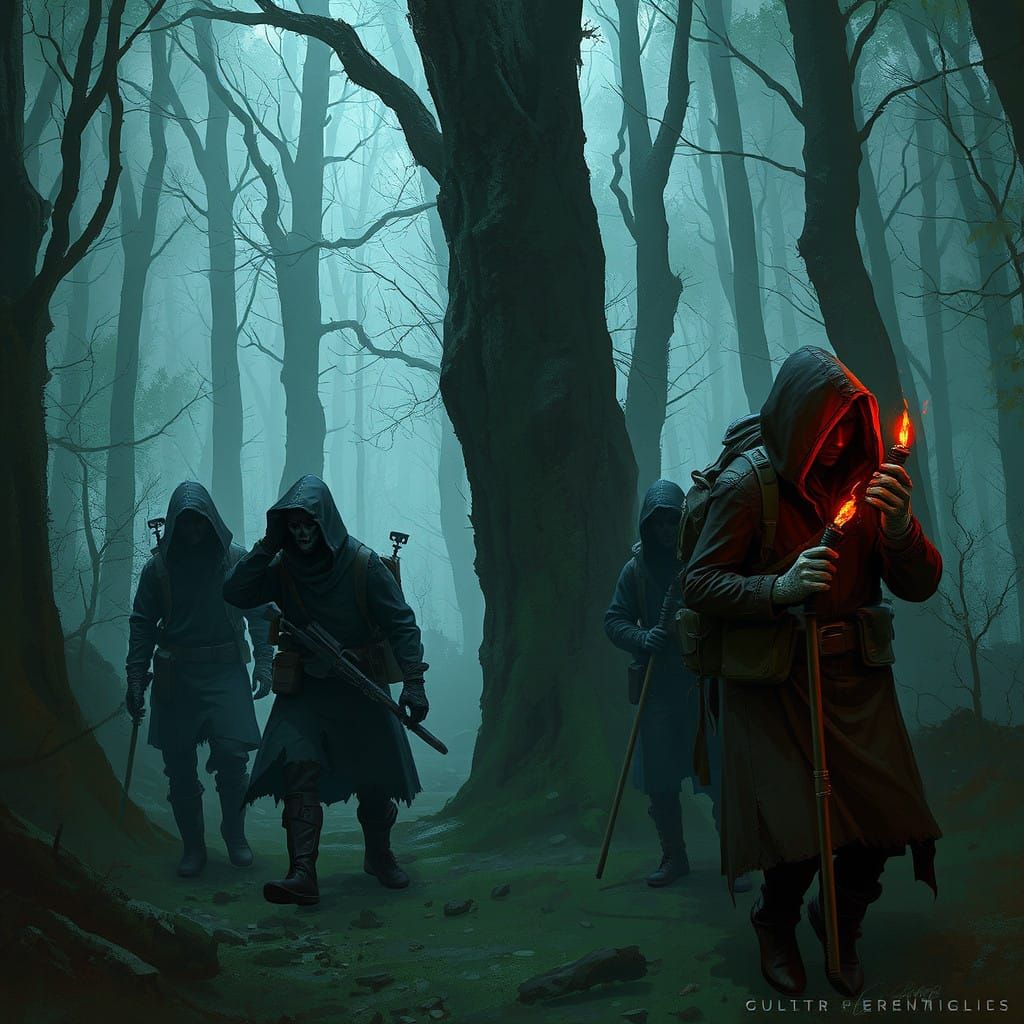 Fantasy Travelers Lost in Creepy Woods Scene