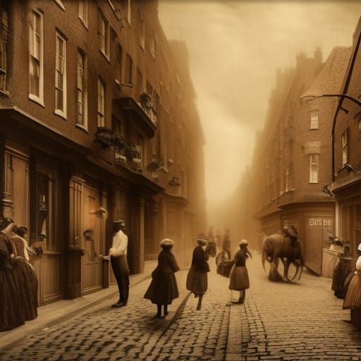 Victorian London Street Scene in Sepia Tones