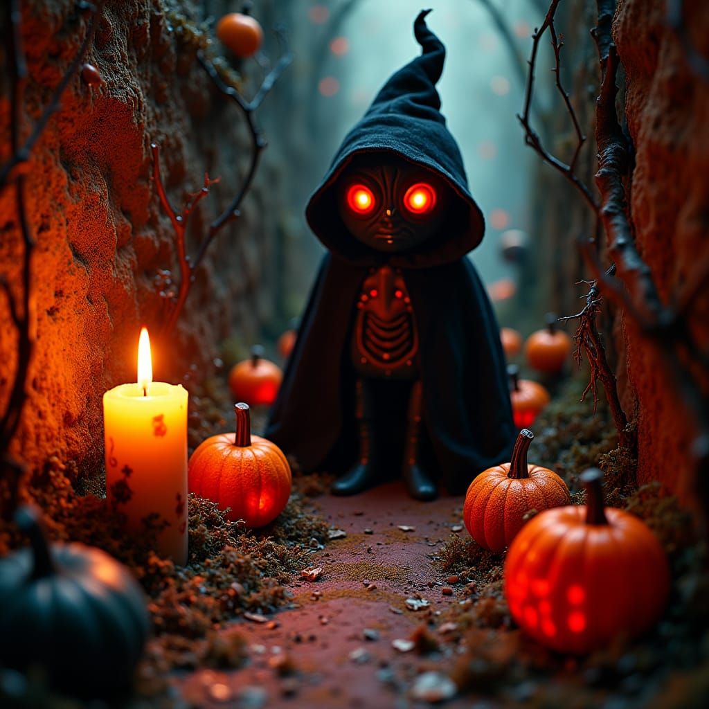 Creepy Halloween Scene with Glowing Jack-o'-Lanterns