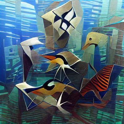 Cubist Birds in Underwater Scene