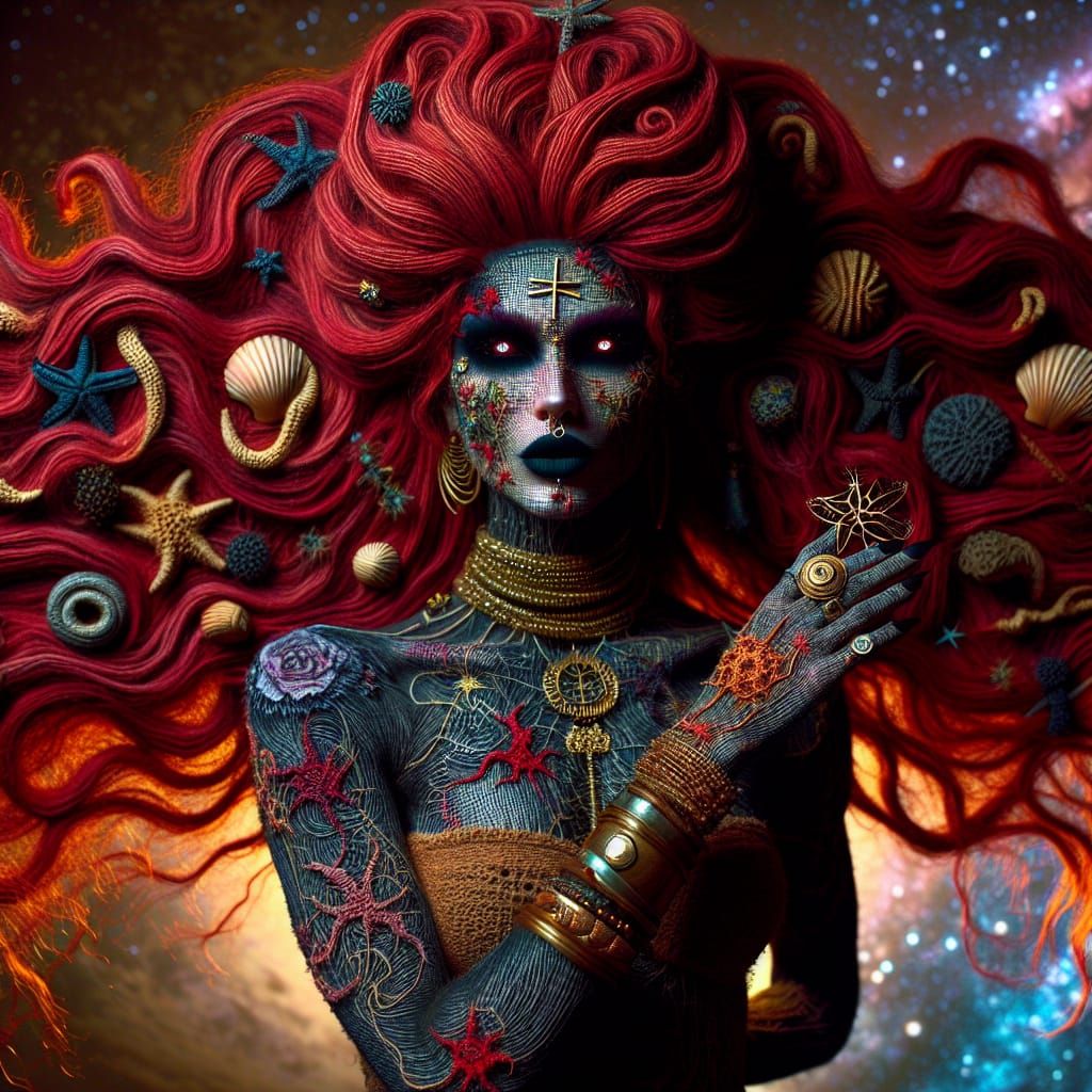 Fabric Siren with Floral Tattoos in Cosmic Scene