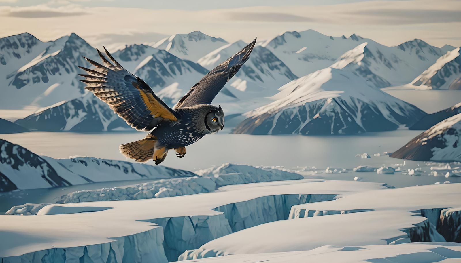 Indigo Owl Flies Above Arctic Submarine