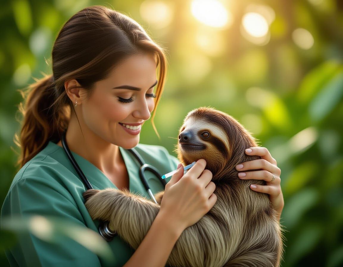 Veterinarian Cares for Sloth in Lush Zoo Setting