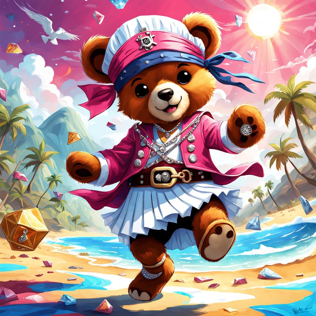 Cute Pink Pirate Bear Leaps for Joy in Cartoon Art