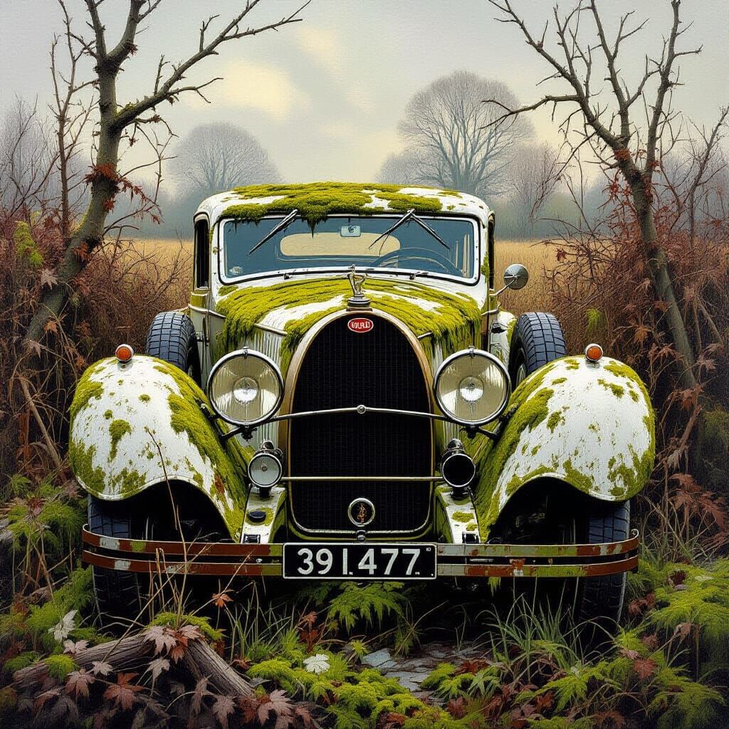 Moss Covered 1928 Bugatti Wreckage in Overgrown Field