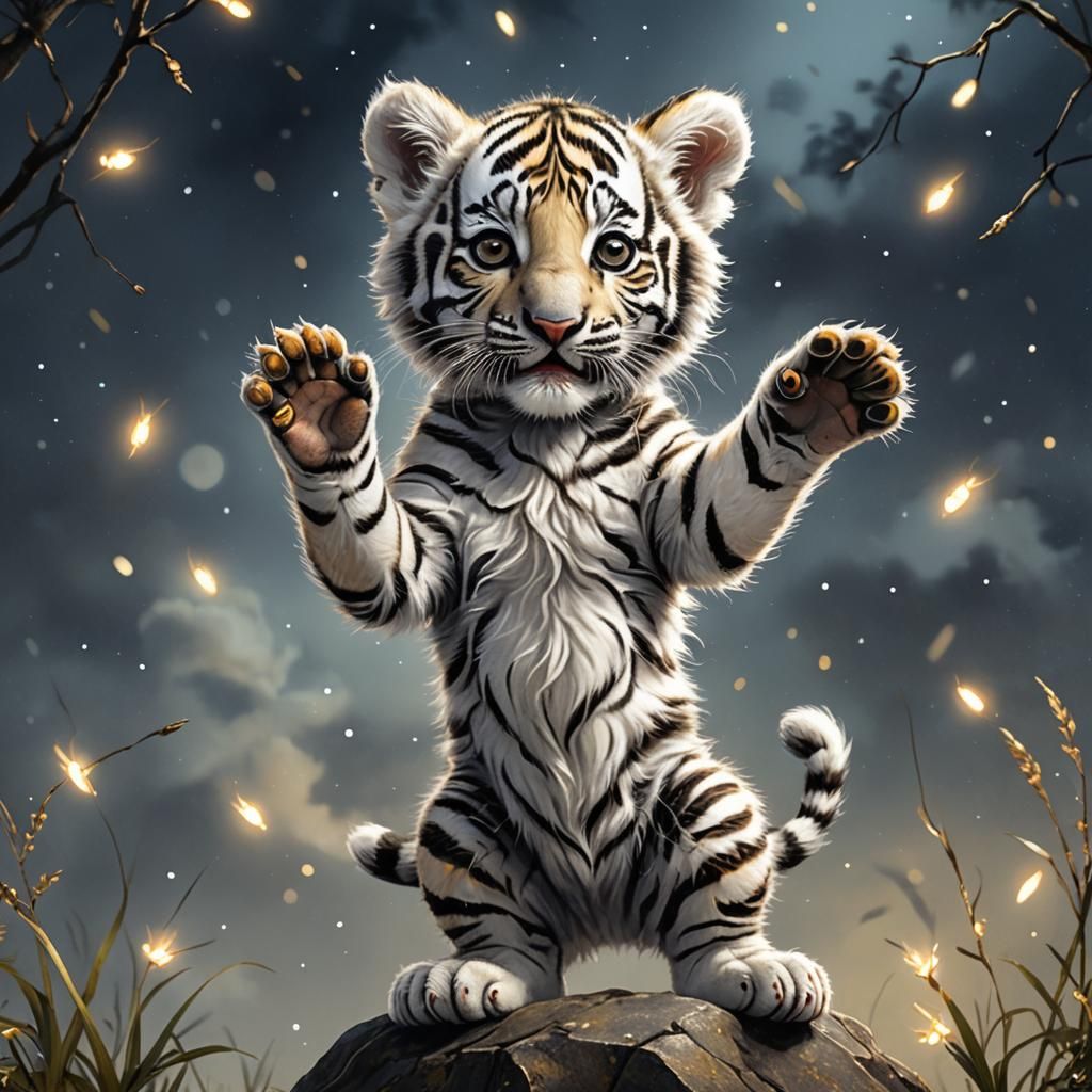 Adorable Tiger Cub in Ethereal Lotus Garden