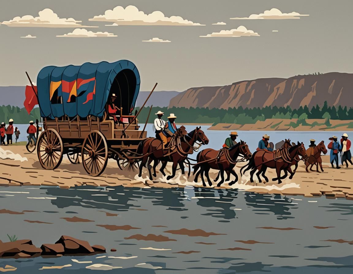 Covered Wagon Mississippi Crossing: Pixel Art Social Realism