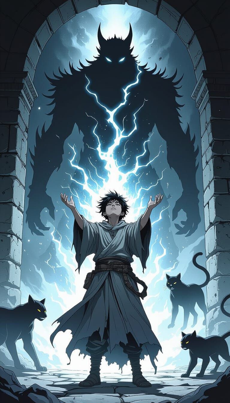 Teen Boy Channels Energy in Shadowy Dungeon with Monsters