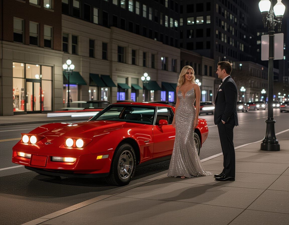 Woman Arrives in Classic Red Corvette to Meet Date