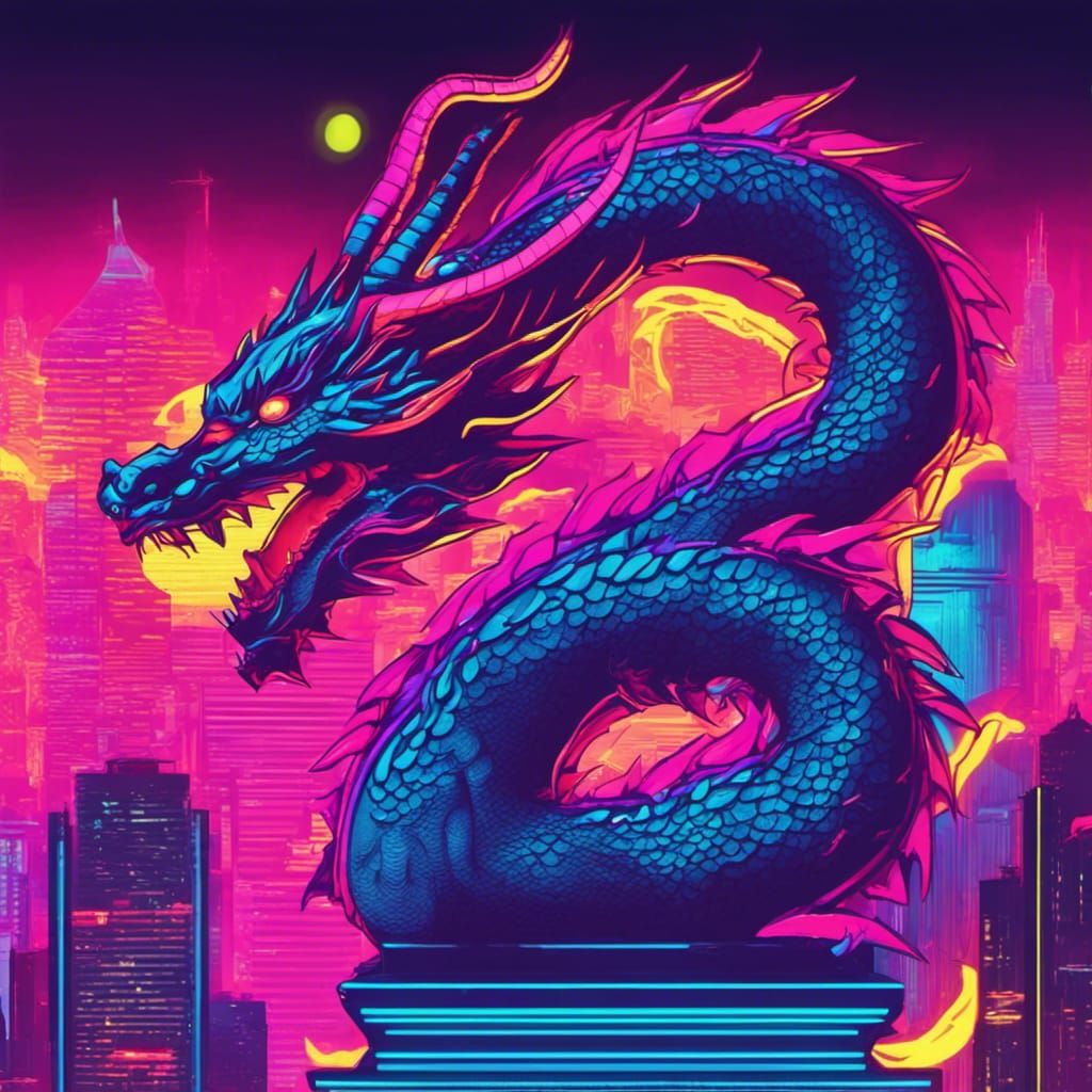 Neon Dragon in Synthwave Retro Style