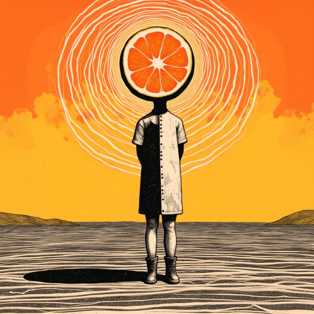 Abstract Linocut Figure with Orange Slice Head