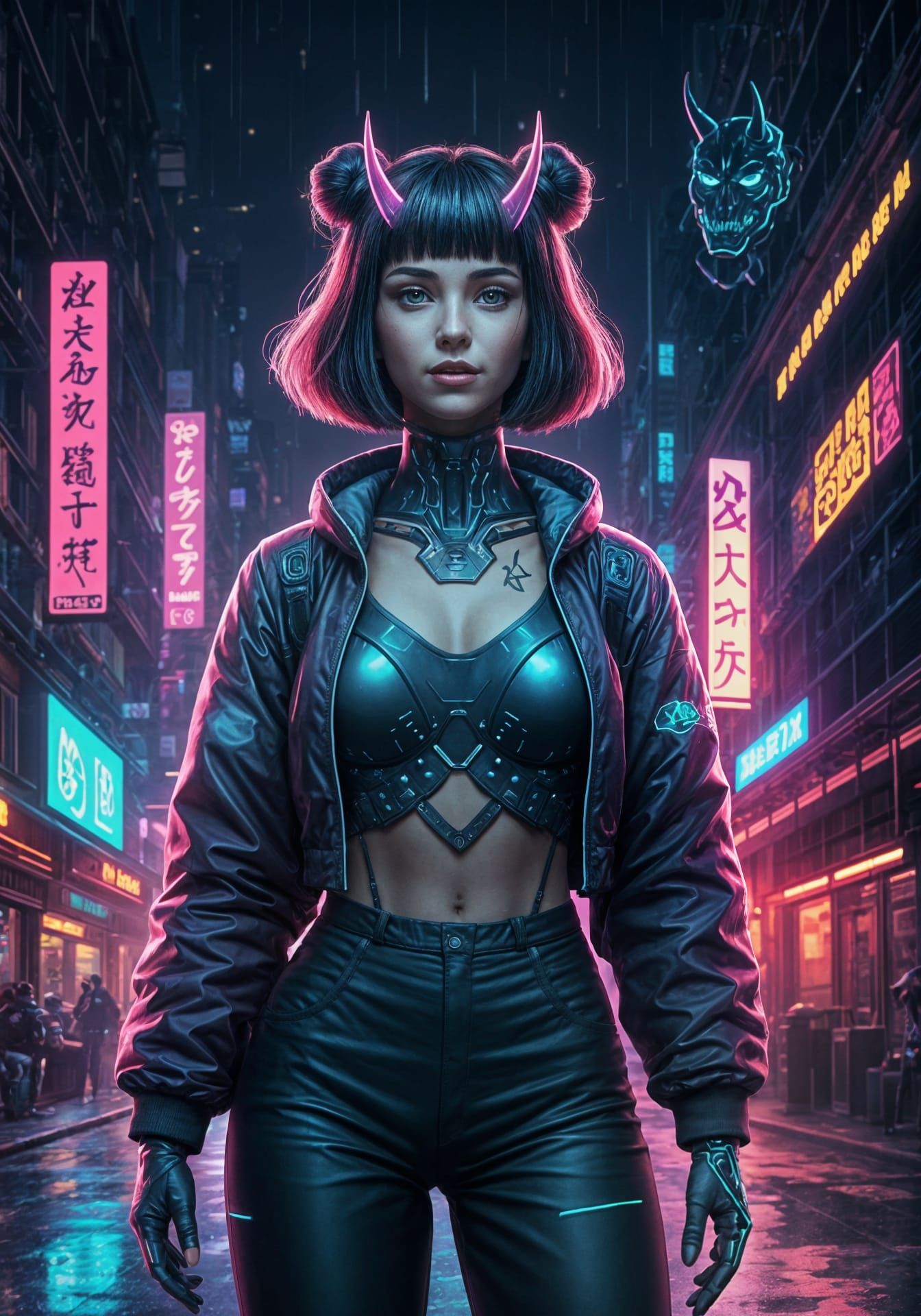 Cyberpunk Oni Girl with Holographic Mask