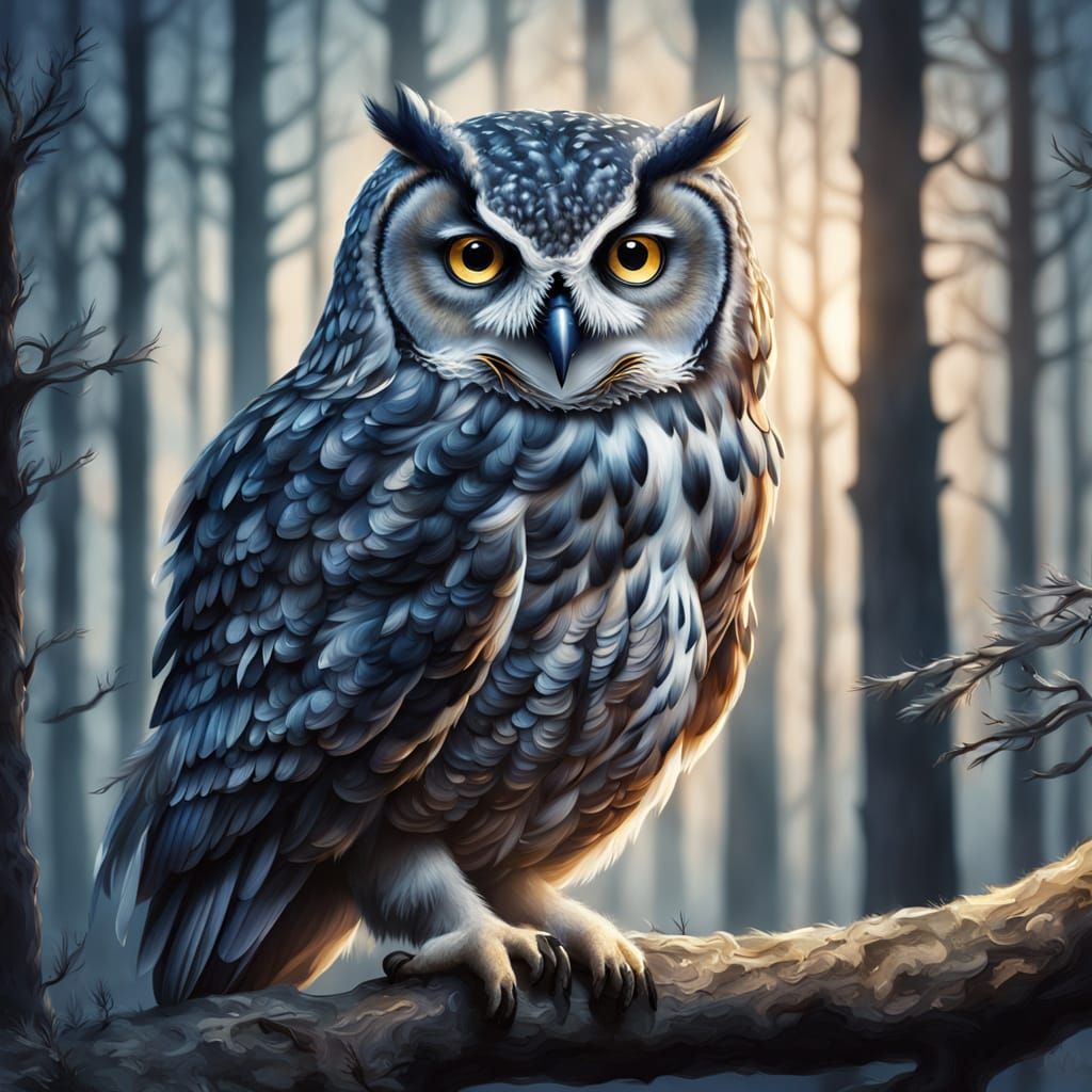 Whimsical Owl Portrait in a Moonlit Forest
