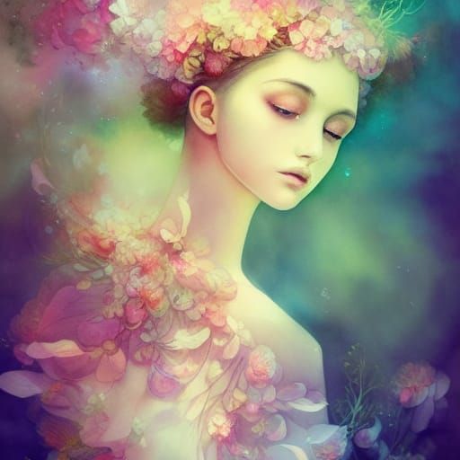 Ethereal Flower Girl Portrait in Watercolor Style