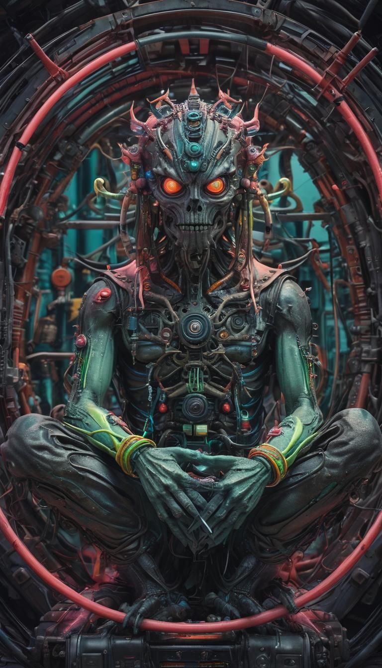 Epic Cyberpunk Alien in Neon Mechanical Candy World