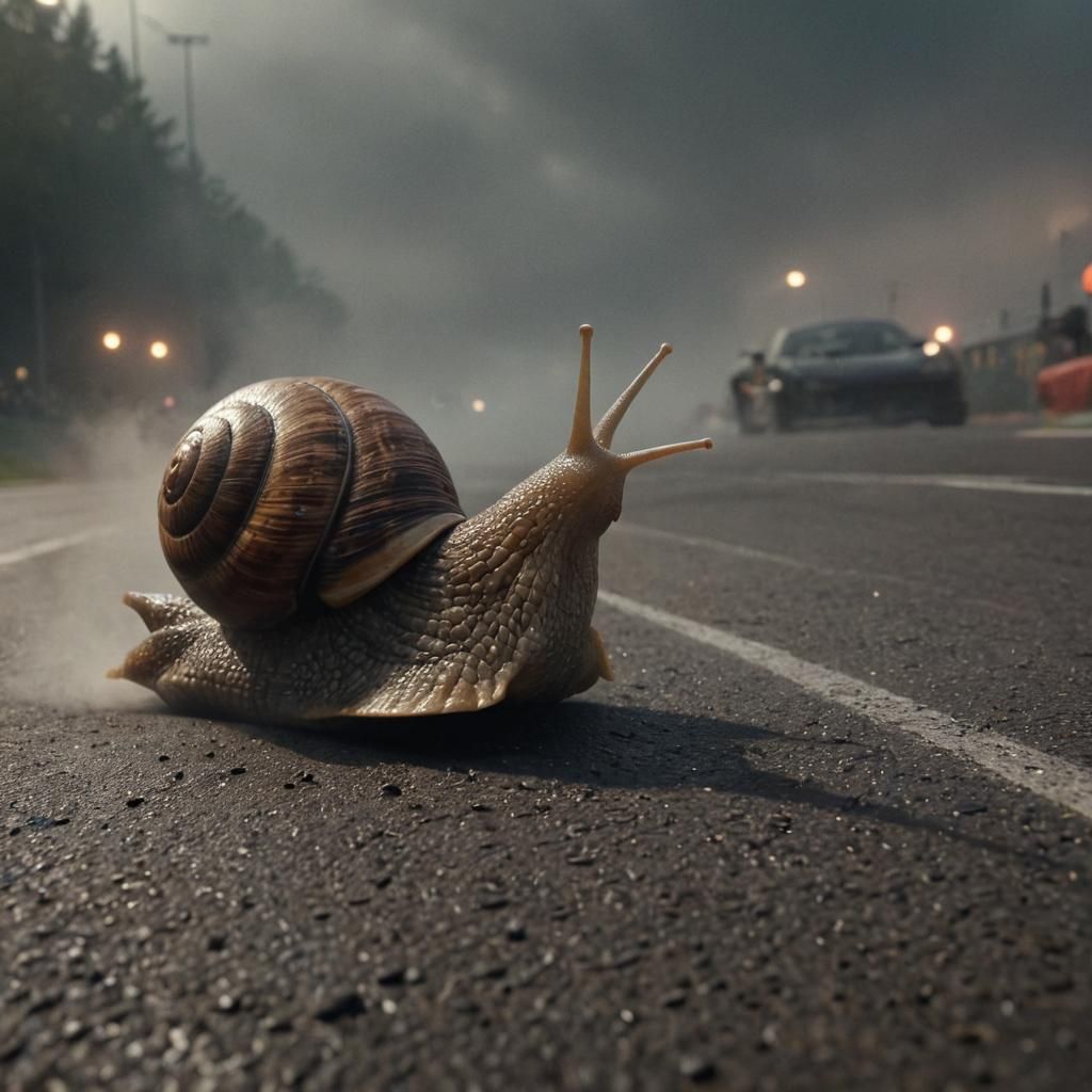 Hyperrealistic Snail Races on Car Track at Sunset
