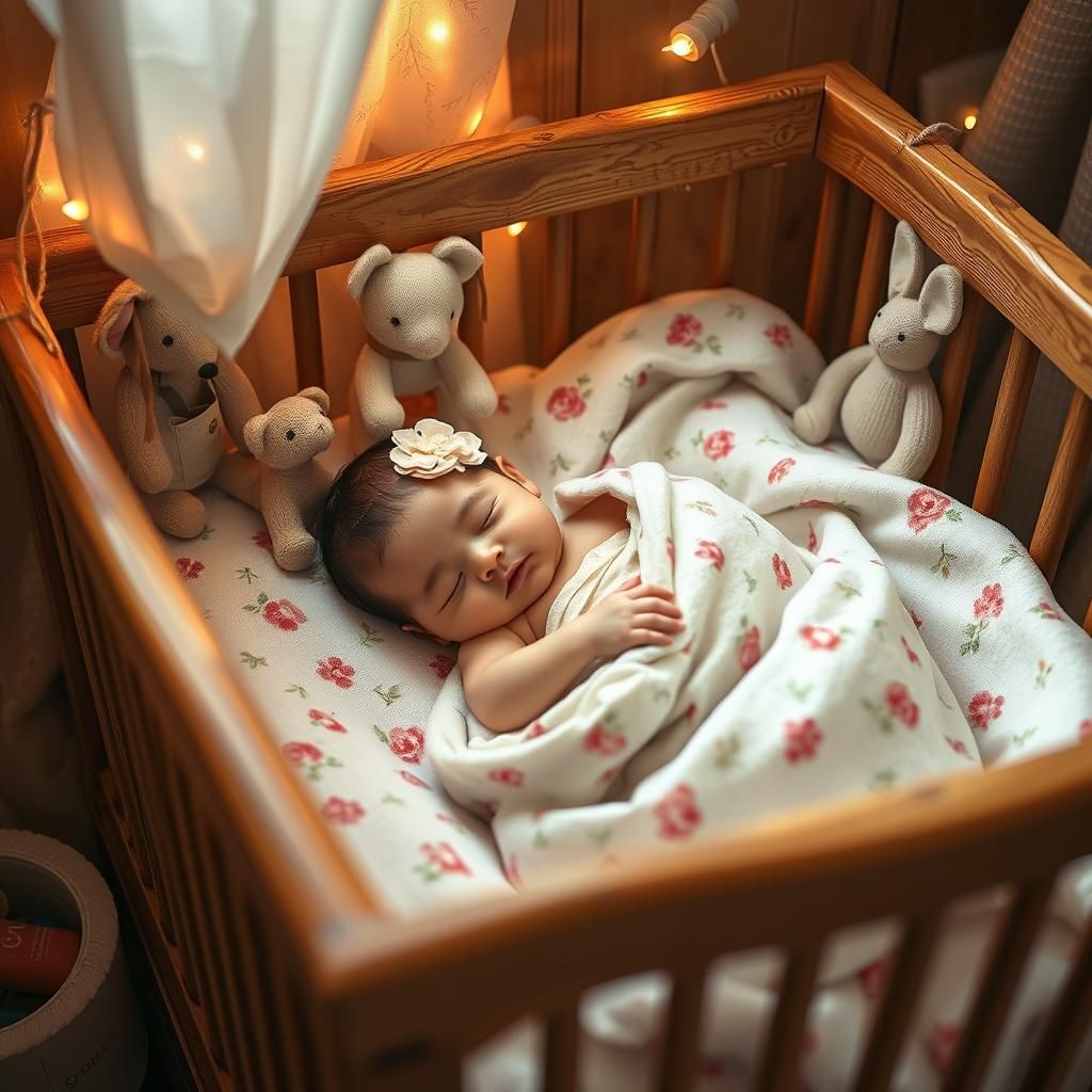 Newborn Baby in Crib: Folk Art Illustration