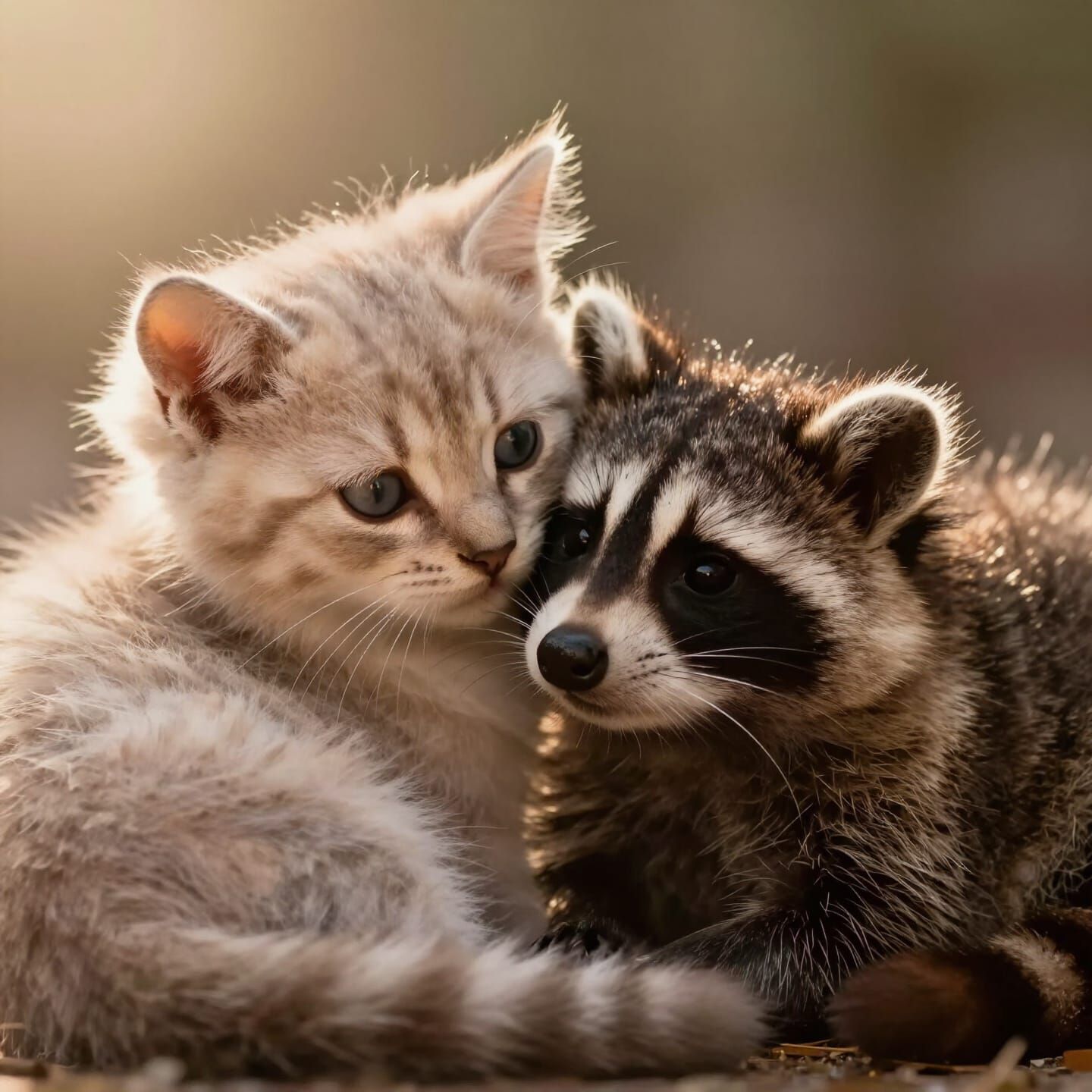 Adorable Kitten and Raccoon Cuddle Photorealistic Style