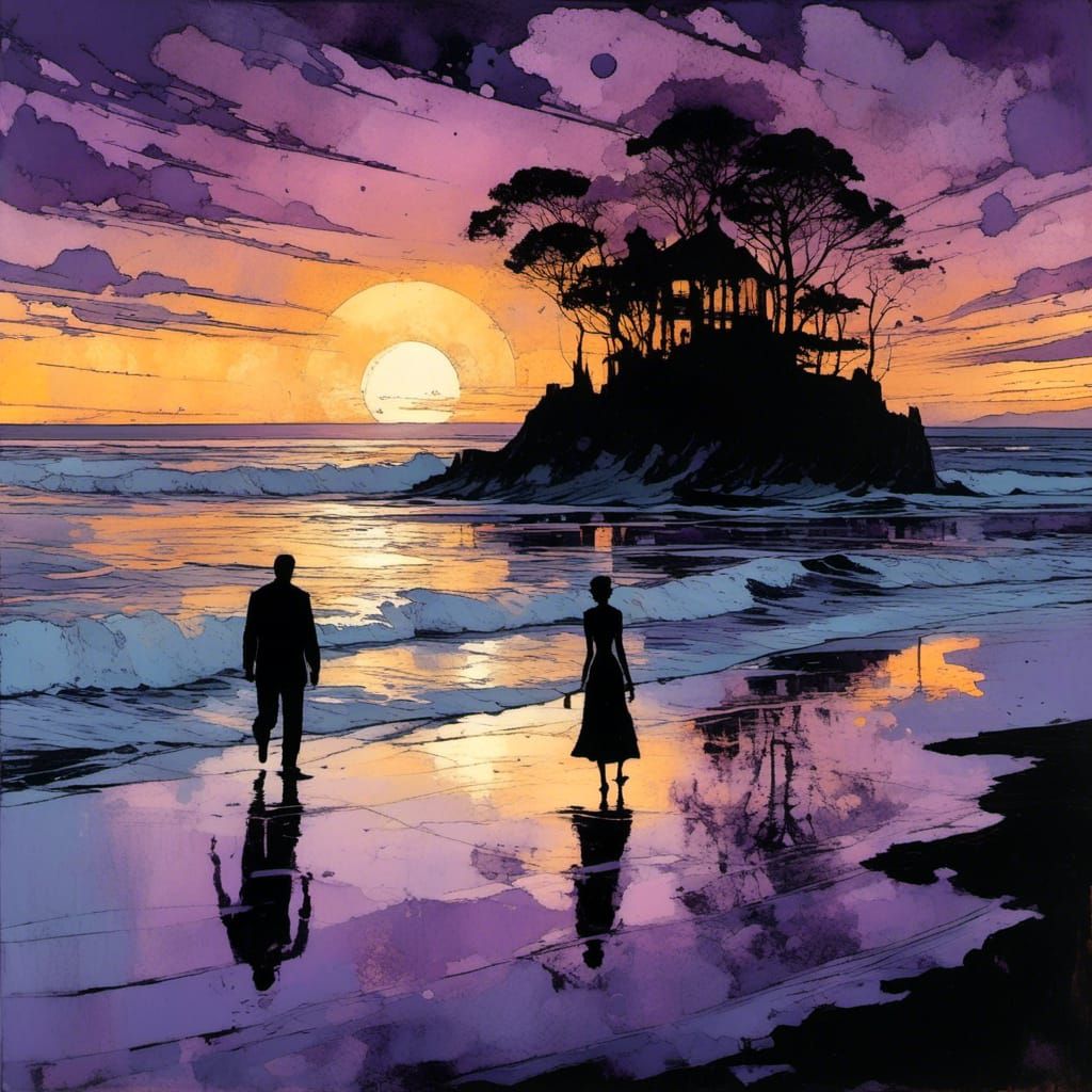 Blue Sunset Over Calm Beach: Liquid Ink Style