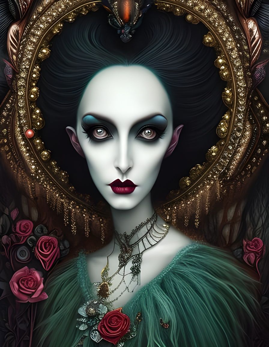 Dark Gothic Bat Witch in Surrealist Rococo Style
