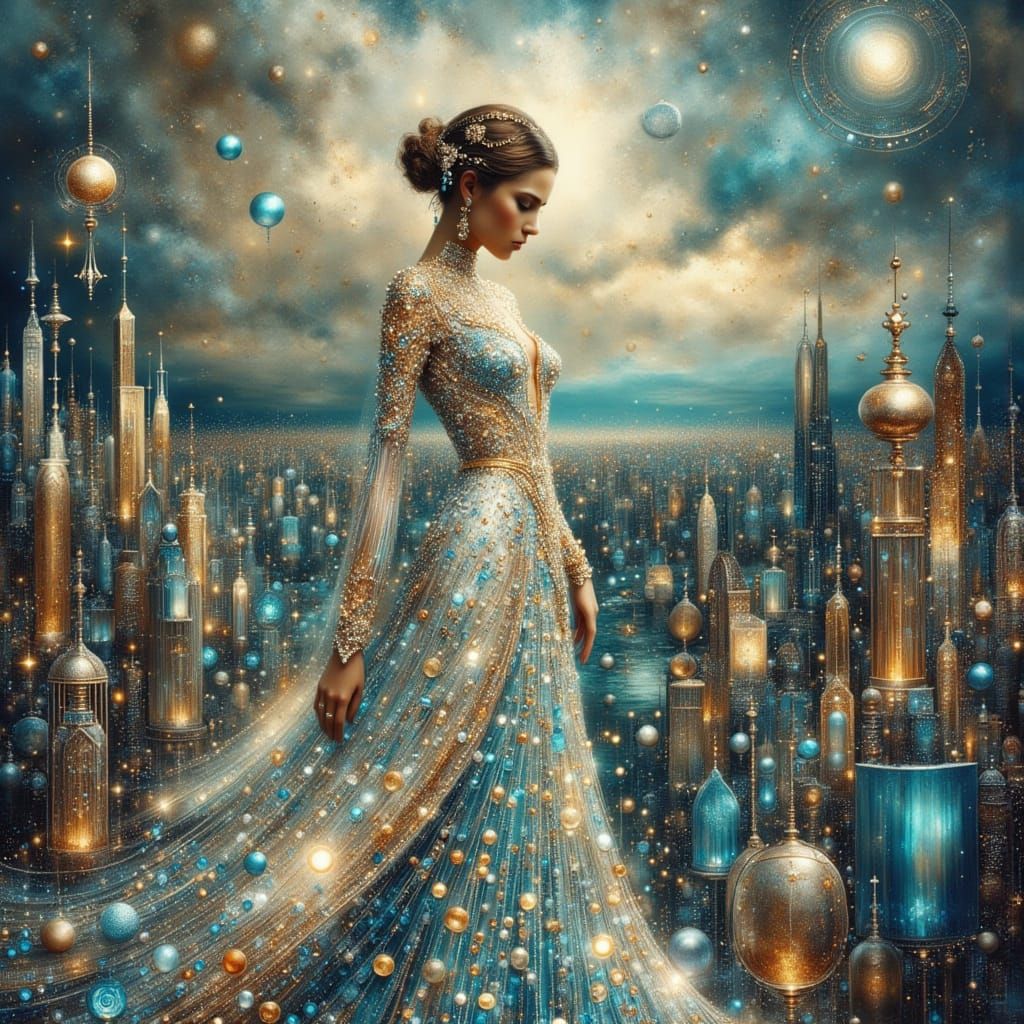 Surreal City Goddess in Gemstone Robes with Escher-Like Arch...