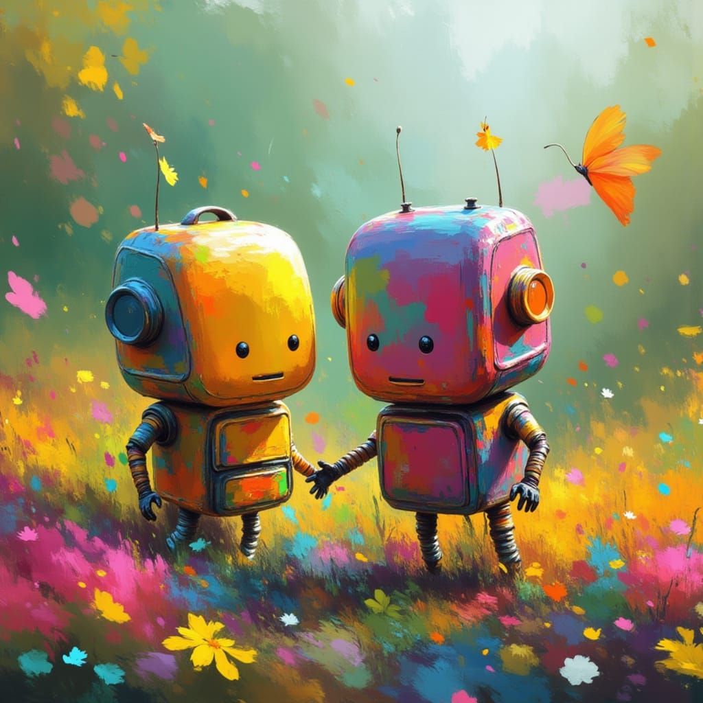 Cute Robots in a Flower Garden