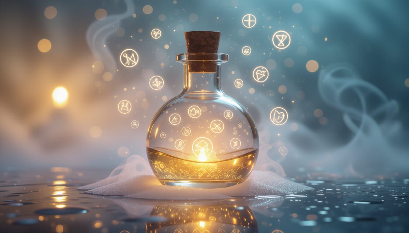 Glowing Potion in Crystal Bottle with Floating Symbols