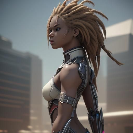 Futuristic Punk Rock Woman with Dreadlocks in Cyberpunk Styl...
