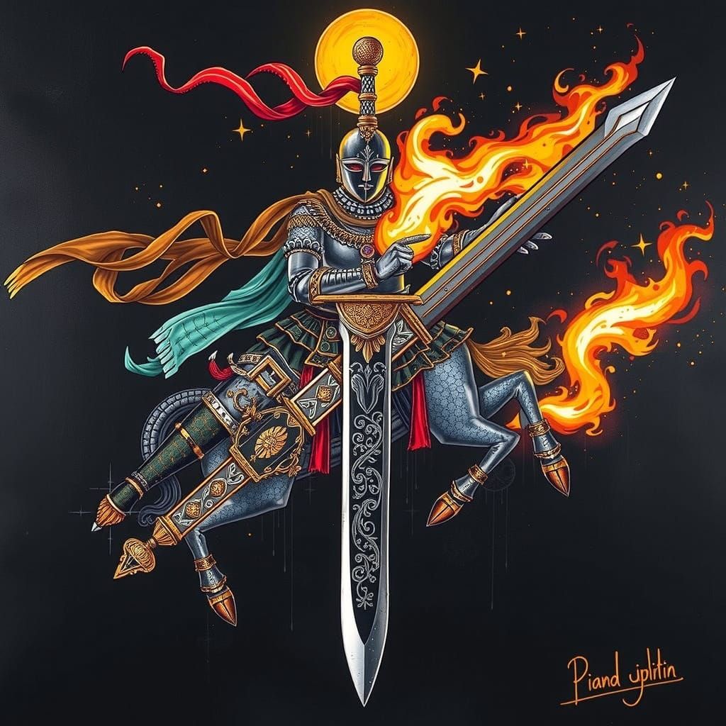 Madhubani Painting of a Black Knight with Sword