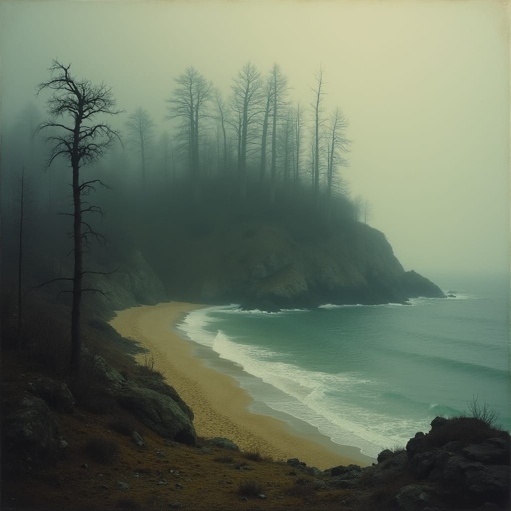 Mystical Island Emerge from Fog in Somber Landscape