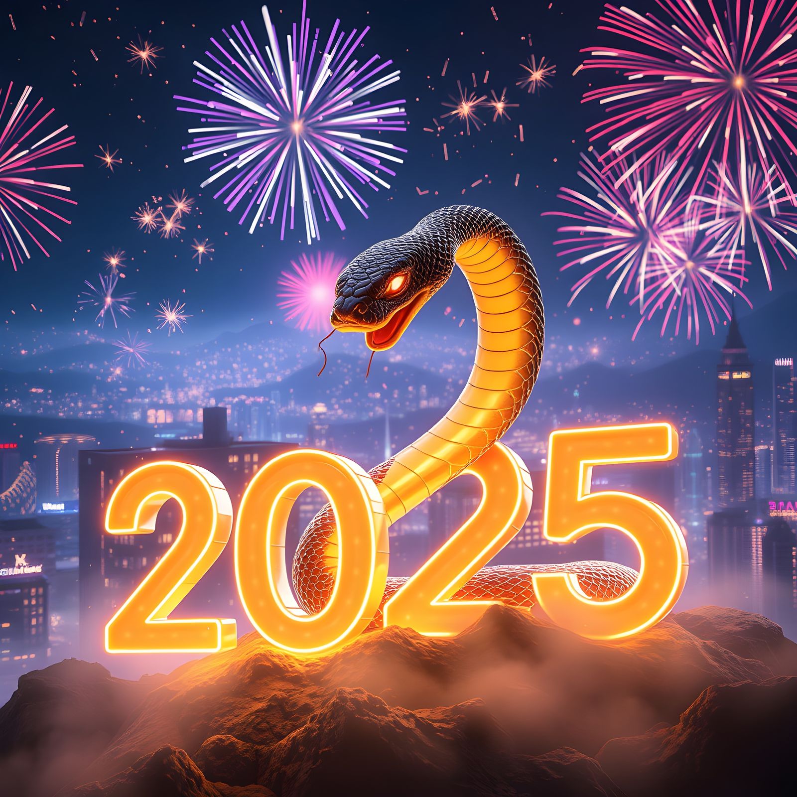 Futuristic New Year Scene with Digital Snake Hologram