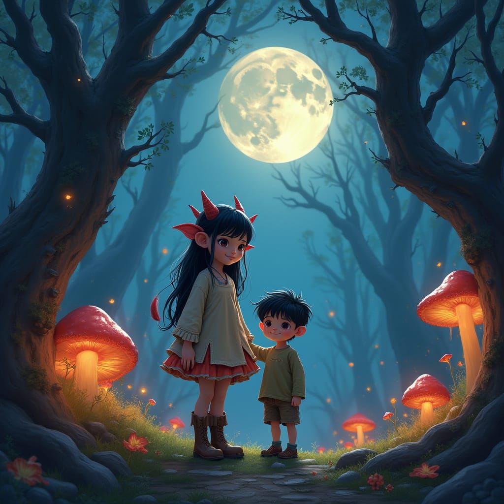 Girl with Beastly Features Stands Beside Boy in Whimsical Fo...