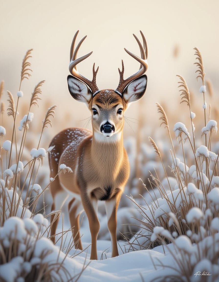 Serene Deer in Snowy Winter Landscape Painting