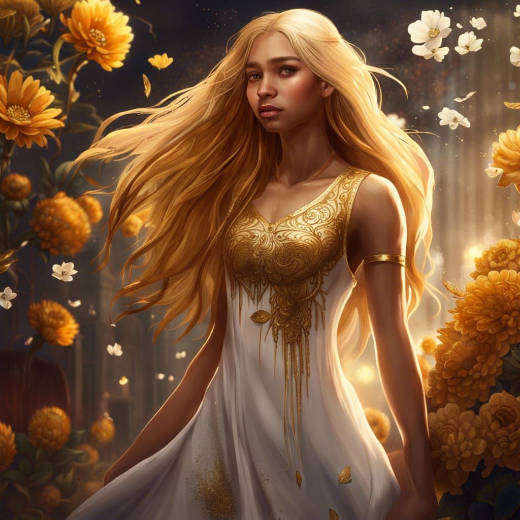 Golden-Haired Girl in White Dress: Fantasy Art