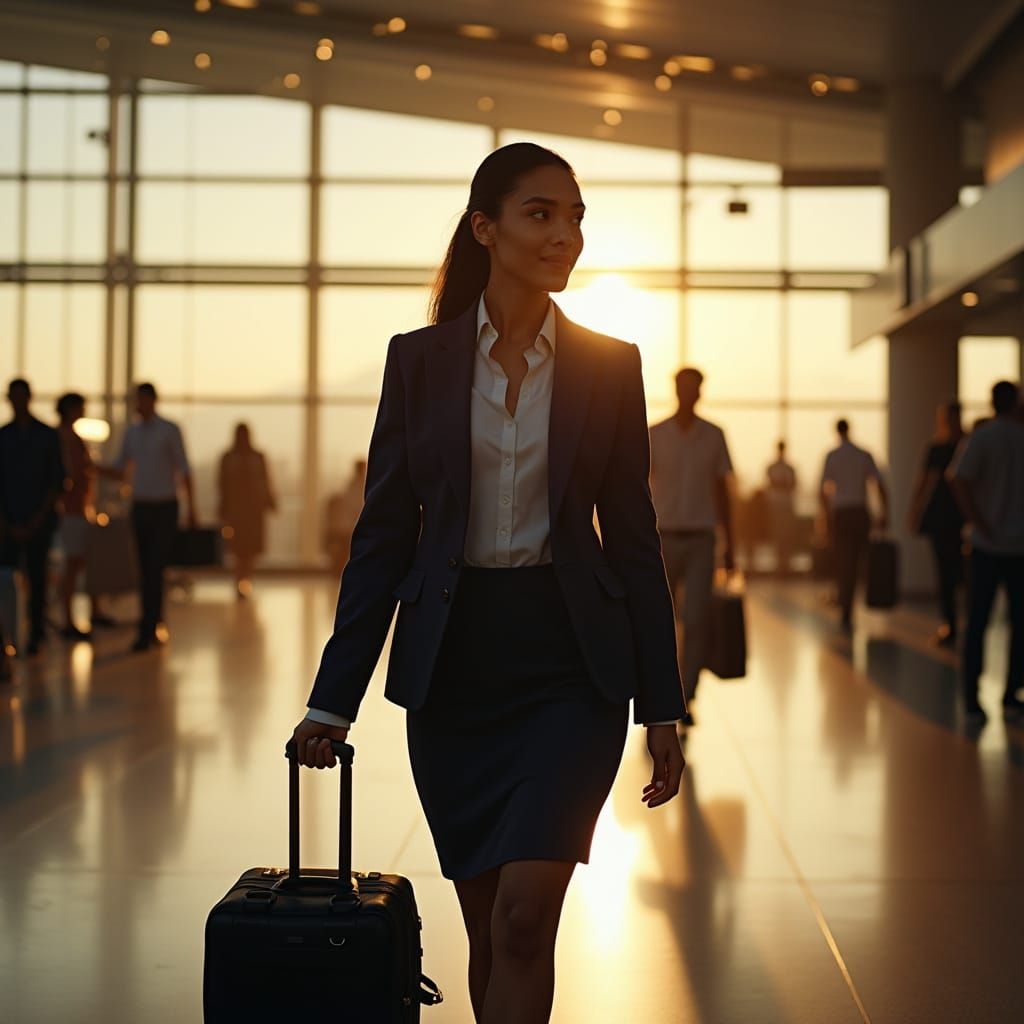 African American Woman Striding Through Airport Terminal