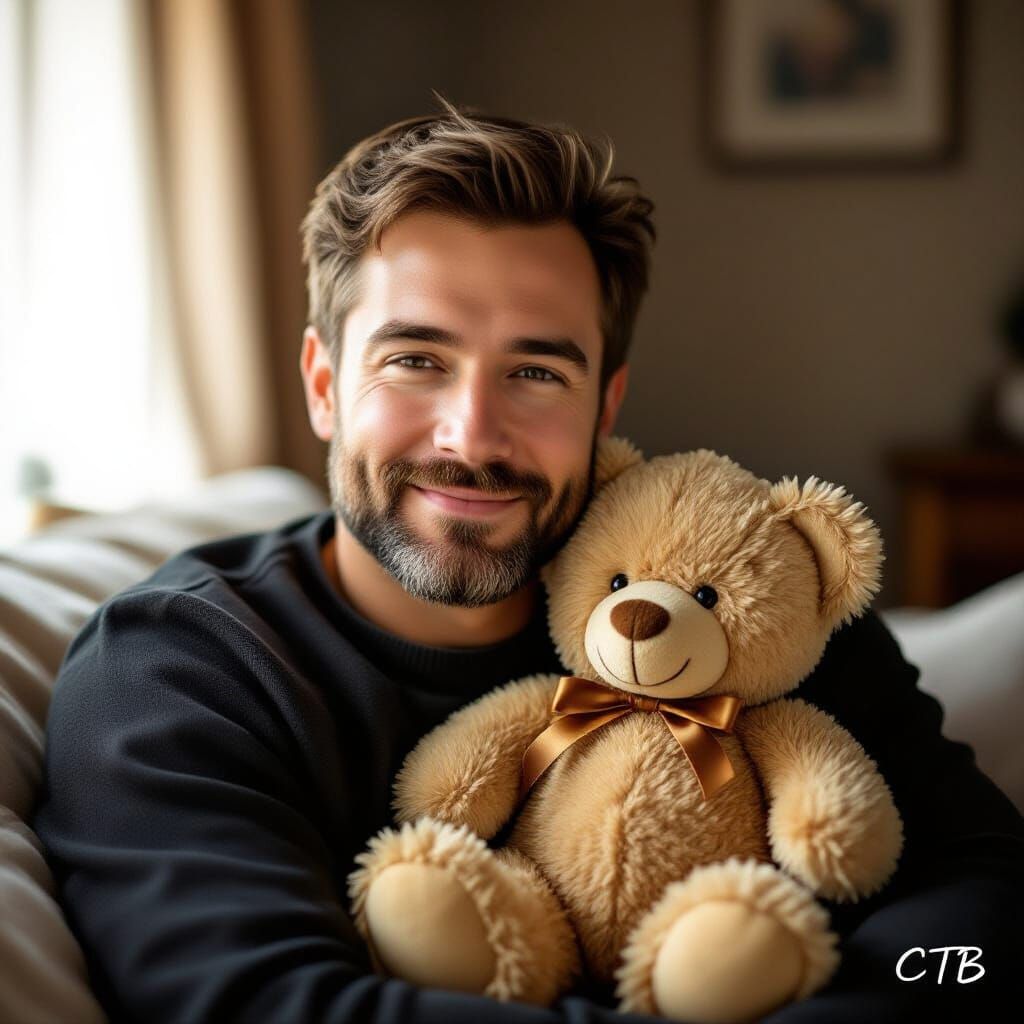 Gentle Man Holds Teddy Bear in Warm Light