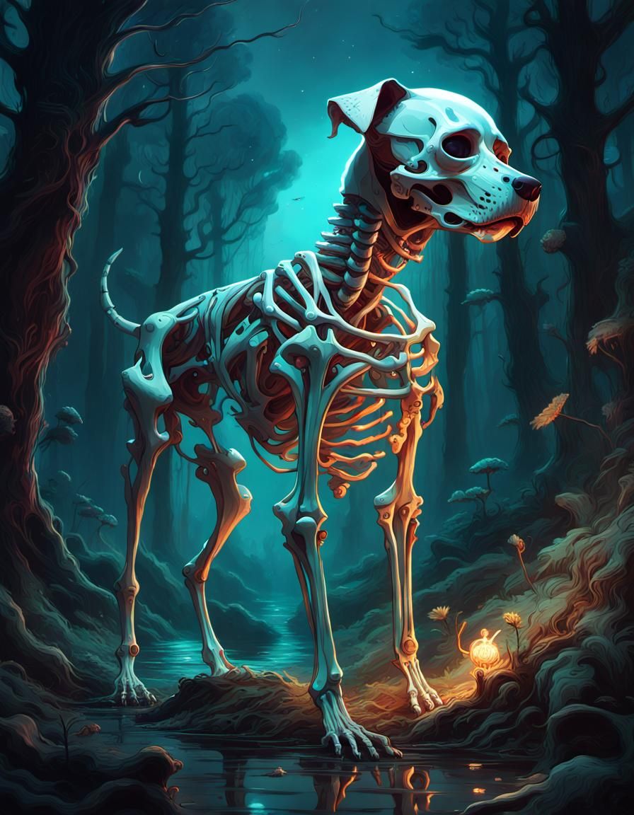 Bioluminescent Skeleton Dog in Fairytale Forest